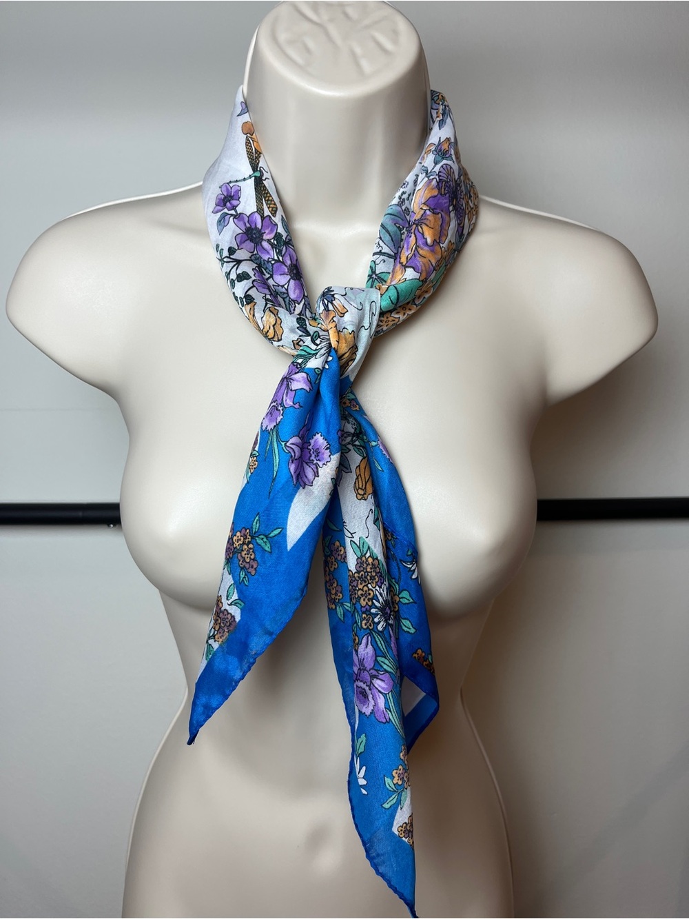 Silk Scarf Shawl Wrap Floral Boho Cottage Fairy Blue Accessory Italian